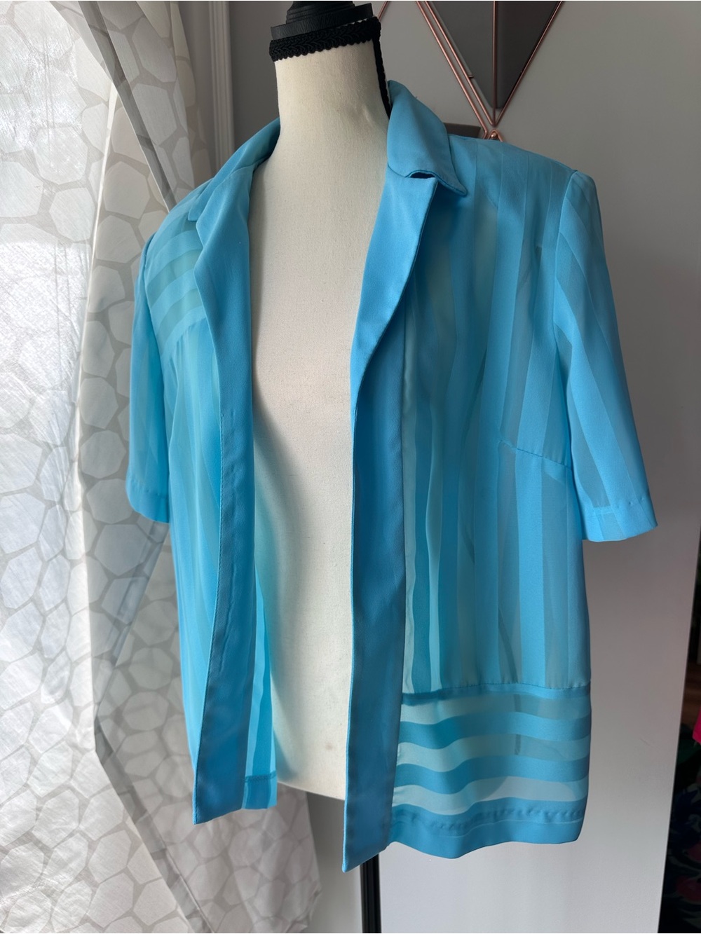 VINTAGE 80s 90s Light Blue Sheer Stripe Short-Sleeve Jacket Coverup Sz 12 Petite